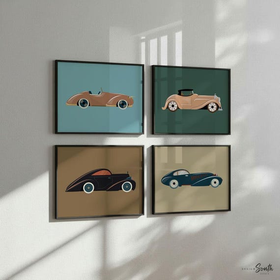 Retro Car Art Print Set: Vintage Nursery Decor