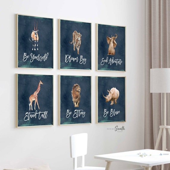 Navy blue nursery art for boy, navy blue playroom wall art, toddler boy room themes, boy jungle animal nursery art, nursery giraffe elephant