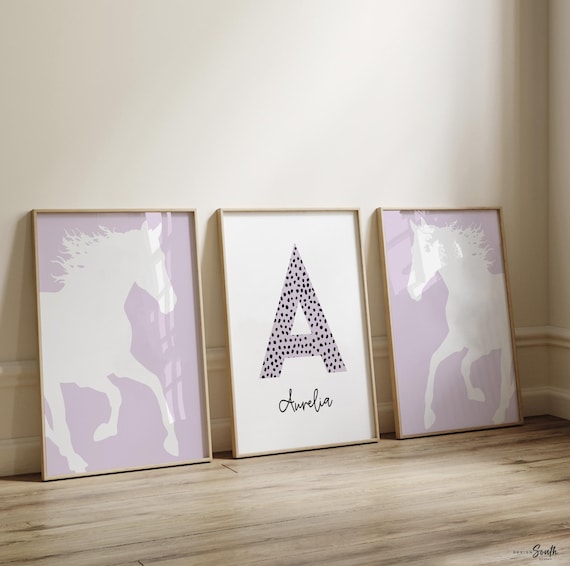 Personalized Horse Nursery Art: Purple Silhouettes, Girl's Room Decor