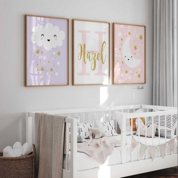Baby girl nursery pink purple gold, baby shower gift personalized monogram name, girls nursery wall art, girl bedroom star moon cloud decor