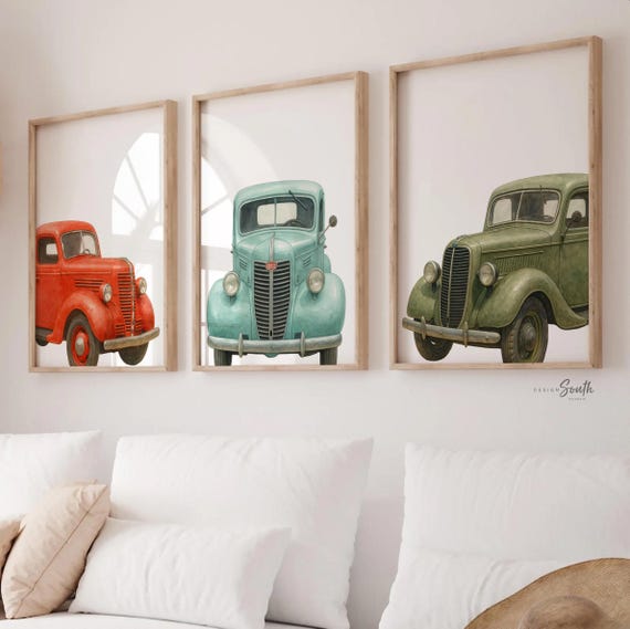 Vintage truck wall art for boys, red green blue 1930s watercolor trucks, toddler nursery prints, kids room decor, classic truck art