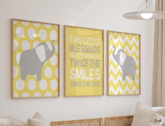 Twin nursery decor, elephants for twins, quote for twins, yellow and gray nursery wall art, two little blessings, gray and yellow nursery