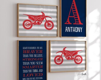 Dirt Bike Wall Art Prints: Red & Blue Motocross Decor