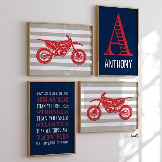 Dirt bike boys art, dirt bike wall art, motorbike racing, motocross dirt bike prints, stunt racing, dirt bike art, gift for boy, red & blue