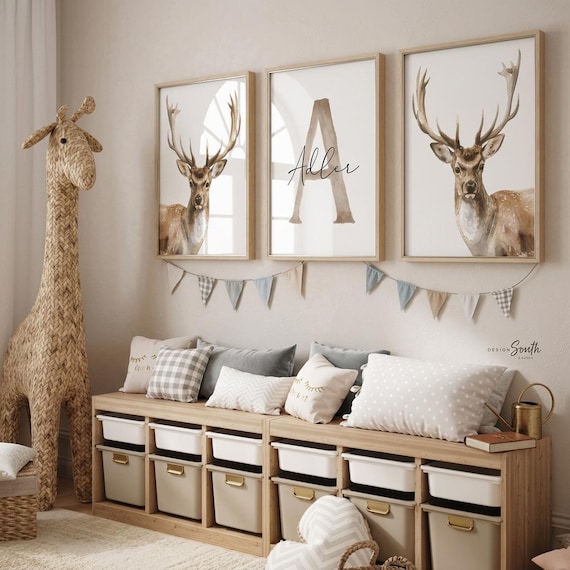 Watercolor Deer Nursery Art: Personalized Name Prints, Neutral Forest Decor