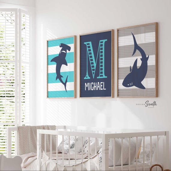 Blue gray shark, toddler room decor, kids shark art, boys bedroom ideas, personalized decor kid, boy monogram, shark theme wall art boy gift