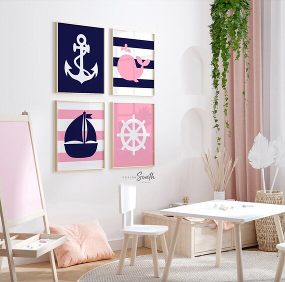 Nautical nursery decor, girls whale nursery, girls nautical bedroom art, nautical nursery art, baby girl nautical nursery art, nautical girl