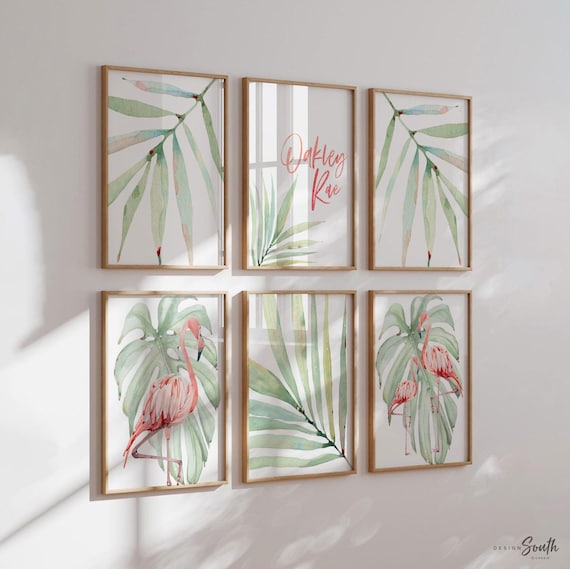 Tropical Flamingo Nursery Prints: Personalized Pink Leaf Beach Art
