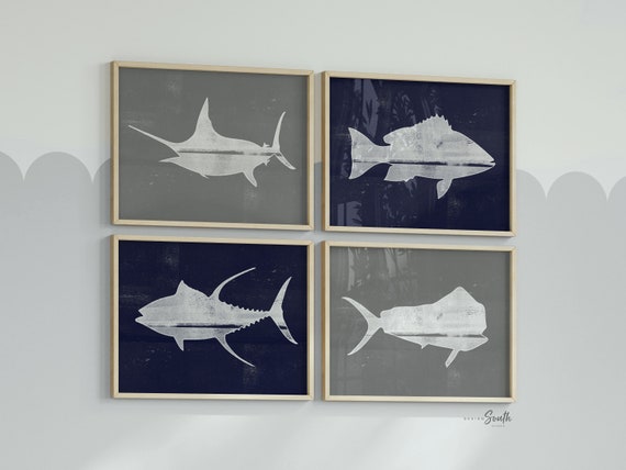 Fish navy blue gray, offshore fishing art, boys saltwater fish art, marlin nursery, boys fishing theme, fish nursery art, marlin fish decor
