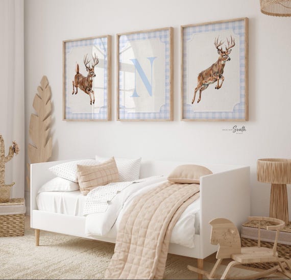 Whitetail Deer Nursery Art Set, Blue Gingham, Personalized Hunter Room Prints