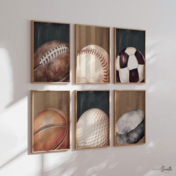 Vintage Athletic Wall Prints Set of 3, Rustic Sports Artwork Featuring Football, Baseball & Basketball for Boys Room Decor