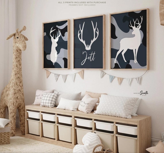Nursery wall decor, deer print, buck deer, navy blue and gray art, wall art for playroom, deer art for child's bedroom personalized name kid