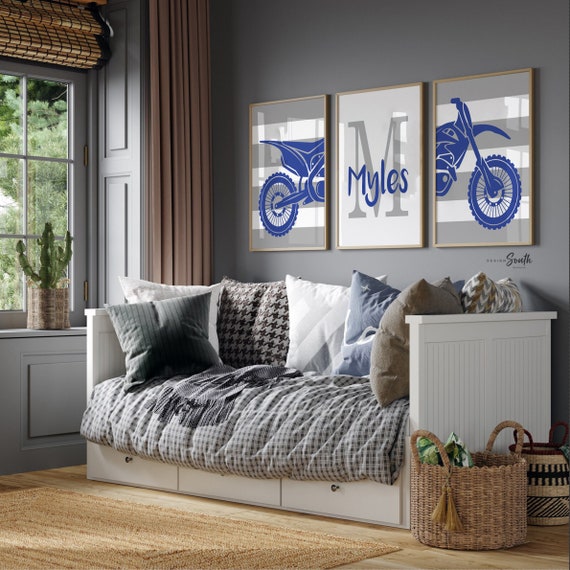 Dirt Bike Nursery Prints: Cobalt Blue & Gray, Personalized Boy Room Decor