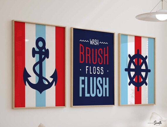 Nautical boys red light blue and navy bathroom, kids bathroom red and navy nautical, wash brush floss flush sign, wall art prints children