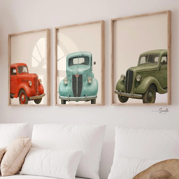 Classic vintage truck wall art for boys, 1930s red green blue watercolor trucks, toddler boy nursery, kids room wall decor, retro truck art
