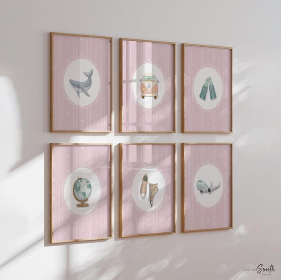 Travel Nursery Art Prints: VW Bus, Globe, Whale (Set of 6)