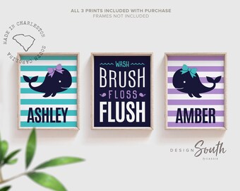 Personalized Whale Bathroom Prints: Sisters Decor, Teal & Purple (UNFRAMED)