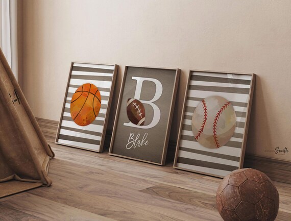 Nursery wall decor for boys sports theme, boys bedroom prints sports, football baseball basketball print set for boy, personalized boy print