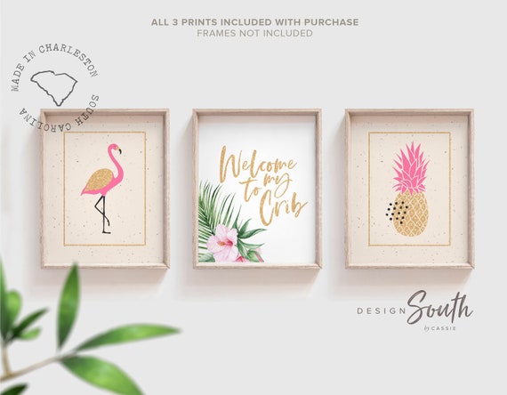 Girl nursery decor, tropical animal theme, ivory and pink flamingo tropical nursery, girl nursery design, flamingo decor, pineapple art gold
