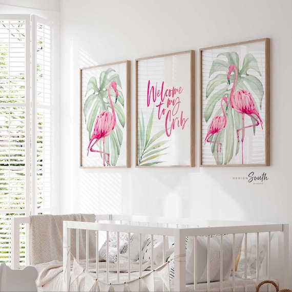 Welcome to my crib print art set, above crib tropical wall, flamingo nursery decor, baby room decor, newborn flamingo nursery pink and green