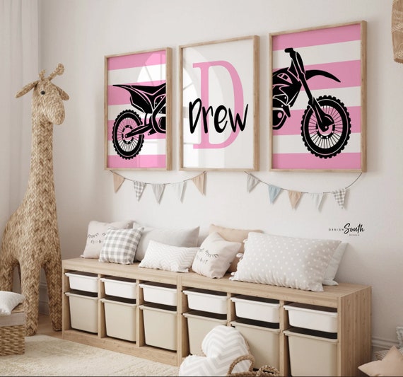 Pink dirt bike room decorating ideas, customized name motocross dirt bike wall art girls room, pink dirt bike theme, bedroom girl playroom