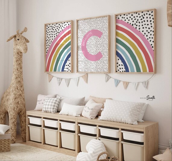 Rainbow nursery monogram art print, baby girl monogram nursery wall art, custom bedroom kid art, rainbow monogram letter, playroom wall art