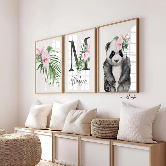 Tropical Nursery Art Prints: Panda, Palm Leaf, Monogram (UNFRAMED)