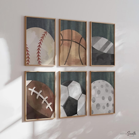 Set of 6 industrial collection kids room sports decor, modern sports nursery art, industrial kids playroom decor, gift for boy sports theme