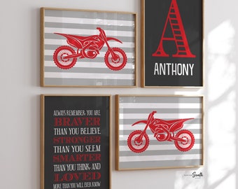 Dirt Bike Nursery Art Prints: Red & Gray Motorcross Decor