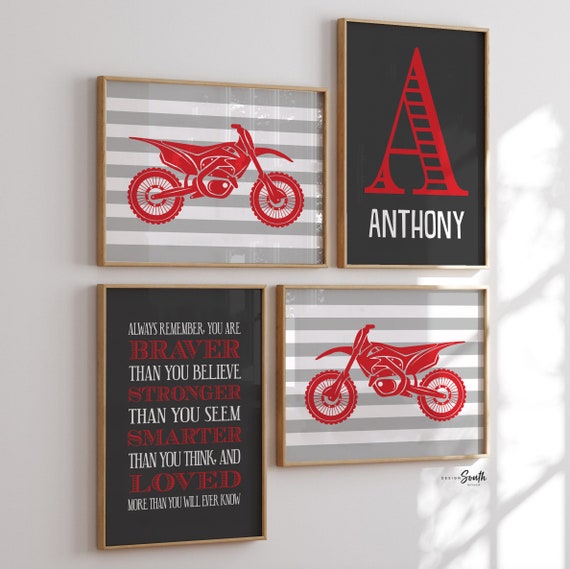 Dirt bike boys art, dirt bike wall art, motorbike racing, motocross dirt bike prints, stunt racing, dirt bike art, gift for boy, red & gray