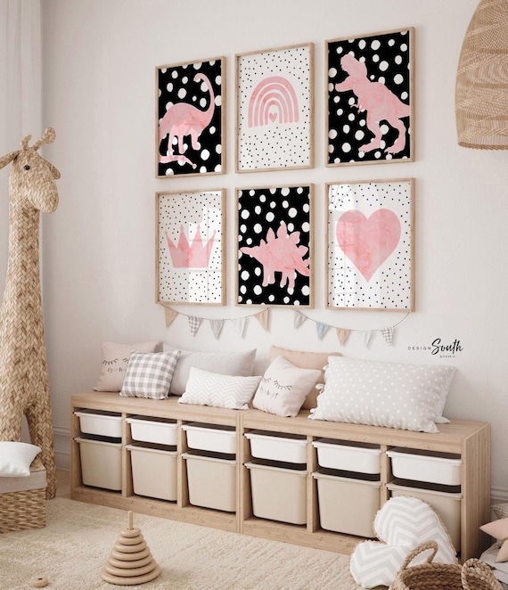 Modern trendy girl dinosaur art, pink black spotty dinosaur art, dinosaur nursery girl wall art, pink black dinosaur prints, dinosaur girl