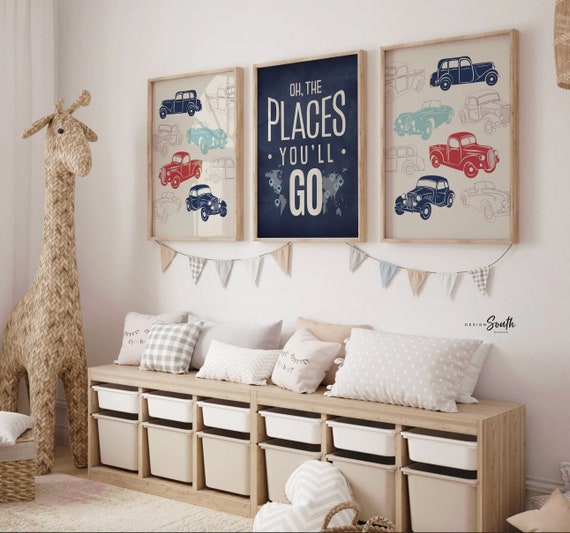 Vintage car wall art, cars nursery art, kids wall art, nursery decor, boy nursery art, vintage cars wall prints, red car art, red and blue