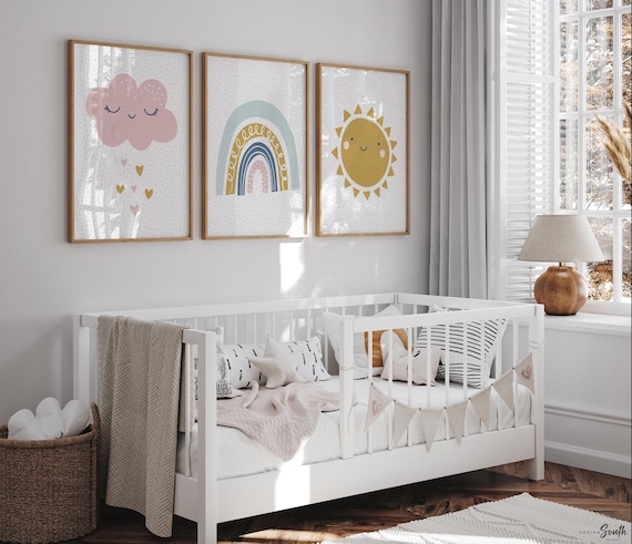 Pastel Nursery Prints Set: Sun, Rainbow, Cloud - Kids Room Decor