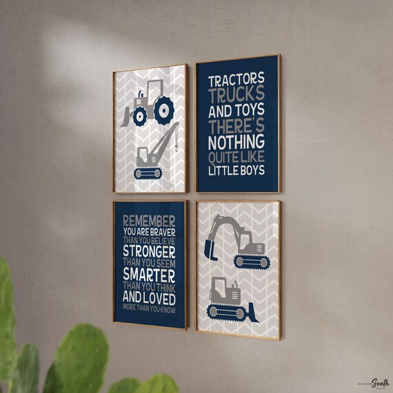 Tractors trucks & toys theres nothing quite like little boys, remember you are braver, digger art print, construction trucks room wall decor