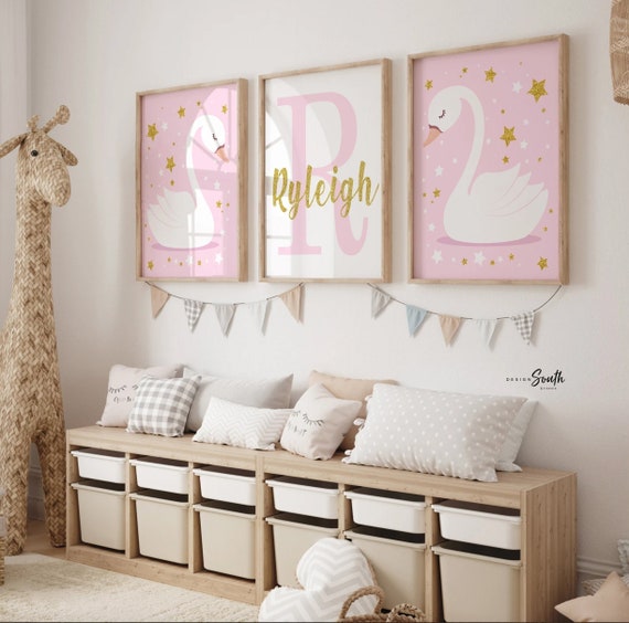 Pink and gold nursery, pink gold baby name, newborn baby girl gift, baby shower gift girl, pink nursery art, pink nursery decor, swan baby