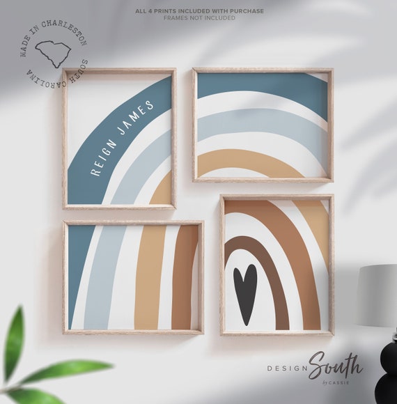 Boys personalized rainbow, baby boy nursery decor, blue beige brown boys room art, wall art for boys, playroom wall idea boy, rainbow baby
