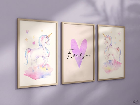 Unicorn Nursery Art Prints: Rainbow Theme, Personalized Name Print