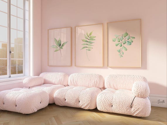 Blush Pink & Green Plant Wall Art Prints: Tropical Bathroom Decor Set