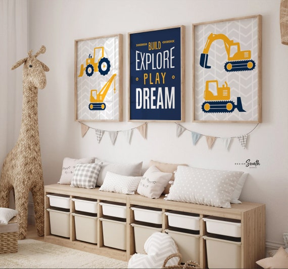 Build explore play dream, big boy bedroom construction, digger prints, digger wall art, boys construction theme bedroom, boys bedroom decor