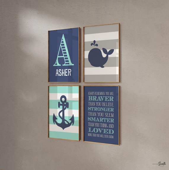 Nautical Nursery Decor: Gray, Navy & Aqua Prints (Set of 4)