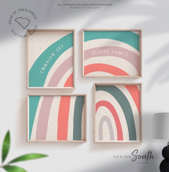 Neutral boho kids room personalized names wall art set, boho rainbow room decor, kids playroom neutral colors, sibling decor monogrammed art