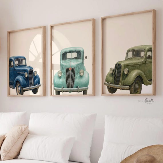 Retro truck nursery wall art for boys, vintage truck wall art, 1930s red green blue watercolor trucks, toddler nursery decor, retro vehicles