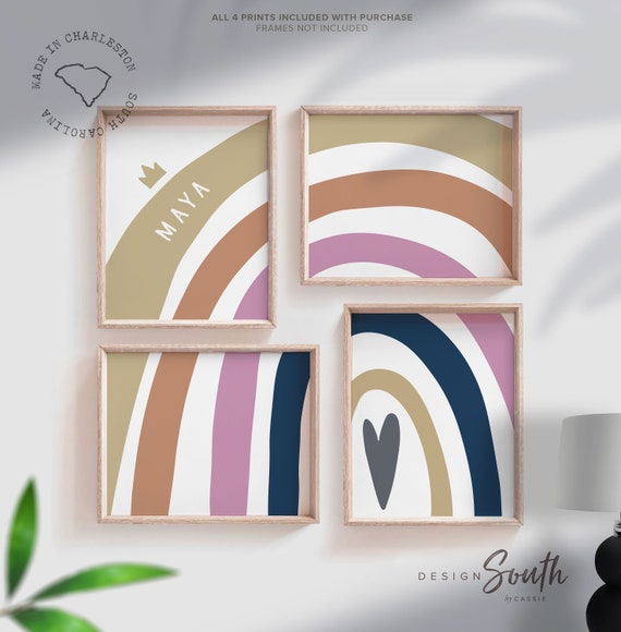 Boho girl's name sign, rainbow boho colors wall art prints for girls, boho nursery decor, modern bohemian baby girl room decor, modern baby