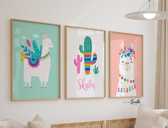 Llama nursery art, alpaca baby girl nursery decor, boho nursery art print, coral mint nursery, gift idea for girl, cactus boho nursery print