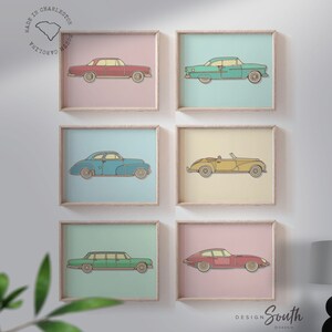 Classic car decor, retro car poster print set of 6, vintage car nursery, retro car decor, vintage car poster set, old car kids decor vintage