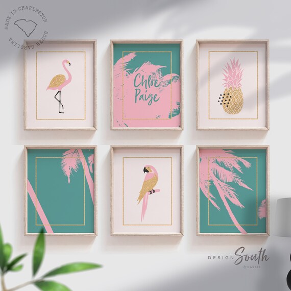 Baby girl nursery decor, pink teal gold sparkle prints for nursery, prints for little girl's bedroom, playroom wall art set idea for girl