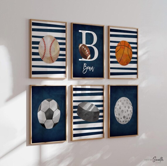 Sports collection print set boys name, sports theme wall pictures, sports art personalized gift, baseball football kids wall art boy nursery