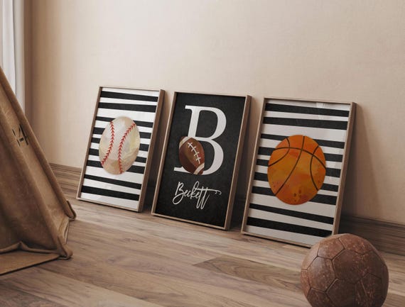 Sports Nursery Decor: Baseball, Basketball, Football Prints, Personalized Name Art