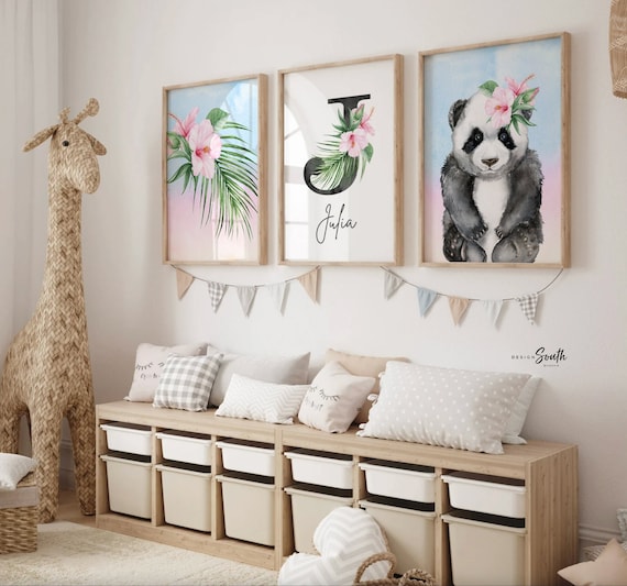 Girls panda bedroom, baby girl nursery gift, panda bear decor for girls, tropical flowers wall art baby, girls personalized name art pink