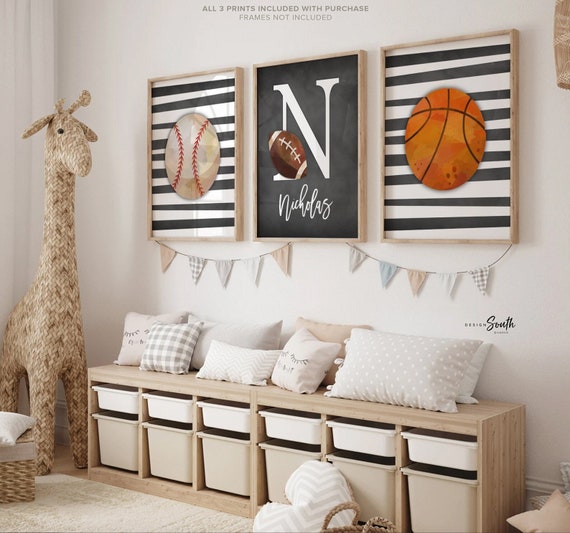Sports wall prints for kid room, sports balls wall pictures, sports art personalized gift, basketball baseball football wall art boy nursery